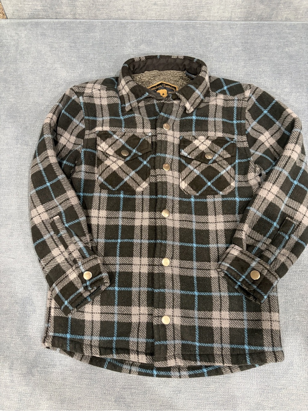 Plaid Snap-Front Shirt Jacket in Black, Gray & Blue for Kids